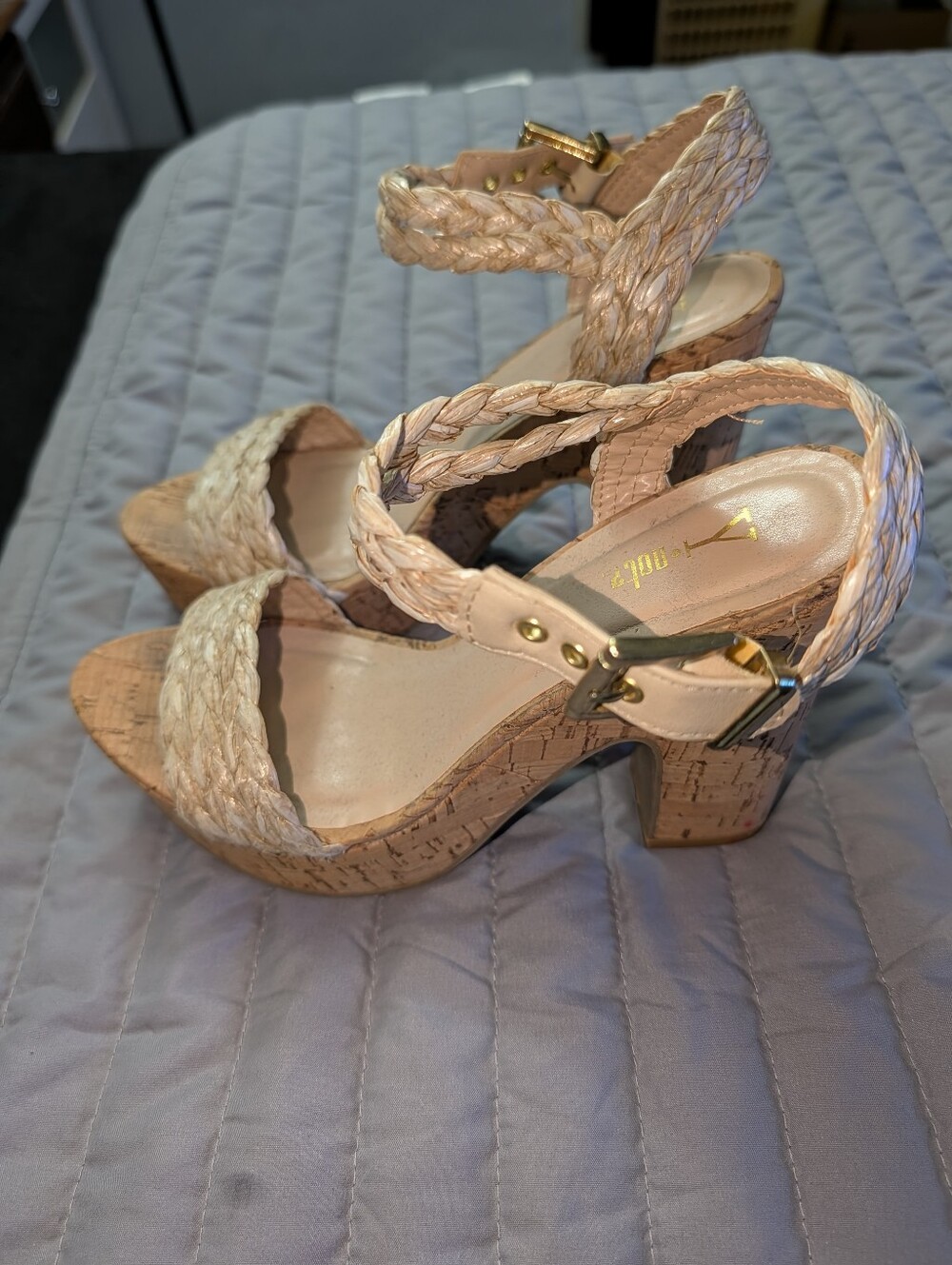 Braided Cork Wedge Sandals in Light Beige with Ankle Strap - Picture 3 of 6